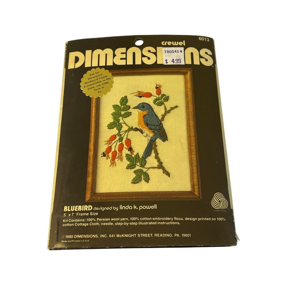 New- Dimensions Crewel "Bluebird" Linda Powell Design Framed 5x7 #6013 1980 USA